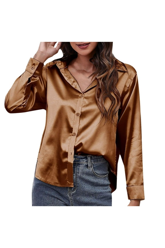 Women Blouse Top, Plus Size Tops for Women, Women Turndown Collar Long Sleeve Solid Color Casual Shirt Tee Tops Brown 2XL