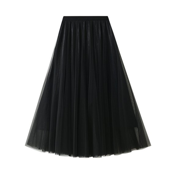 UMfun Women Long Vintage Tulle Tutu Skirt Butterfly Flocking High Waist Mesh Pleated A-Line Swing Skirt Black