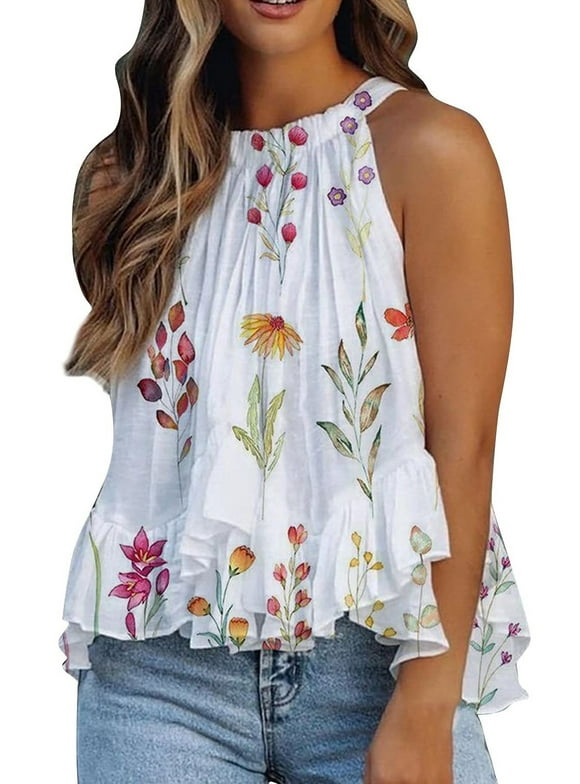 UMfun Women Summer Blouses Halter Neck Tank Tops Floral Sleeveless Shirt Pleated Casual Camisole Chiffon T-Shirt Tops Blouses