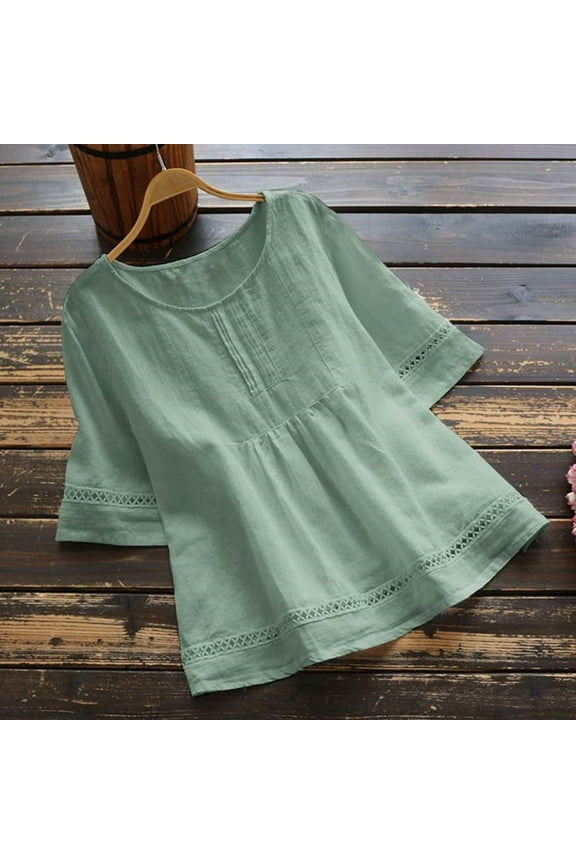 Women's Casual Tops Cotton Linen Blouse Tops Round Neck Half Sleeve Solid Loose Shirt Hallow Out Blouse Tops Green(S-2XL)