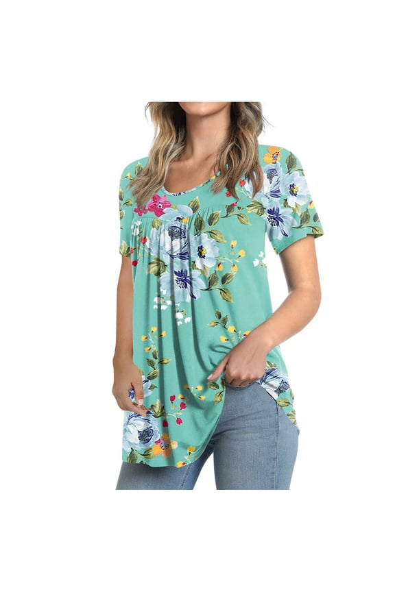 Women's Crew-Neck Short Sleeve Print Tops Hide Belly Tunic Shirts Dressy Casual Flowy Blouse Green XL