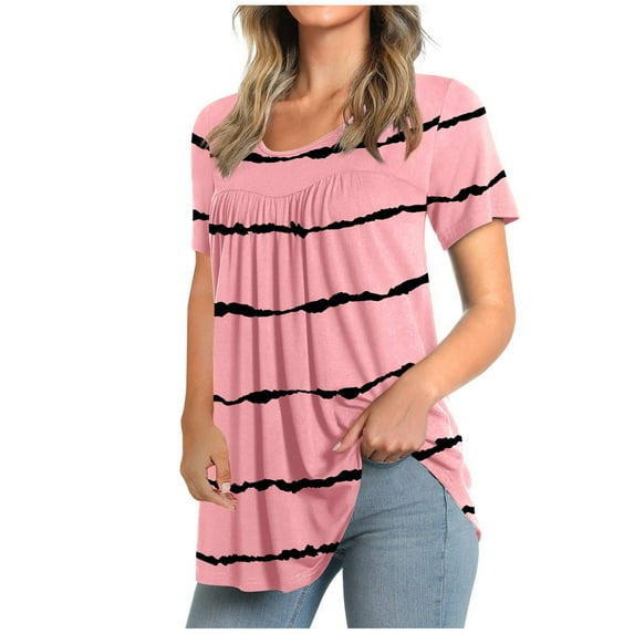 UMfun Women's Crew-Neck Short Sleeve Print Tops Hide Belly Tunic Shirts Dressy Casual Flowy Blouse Pink L