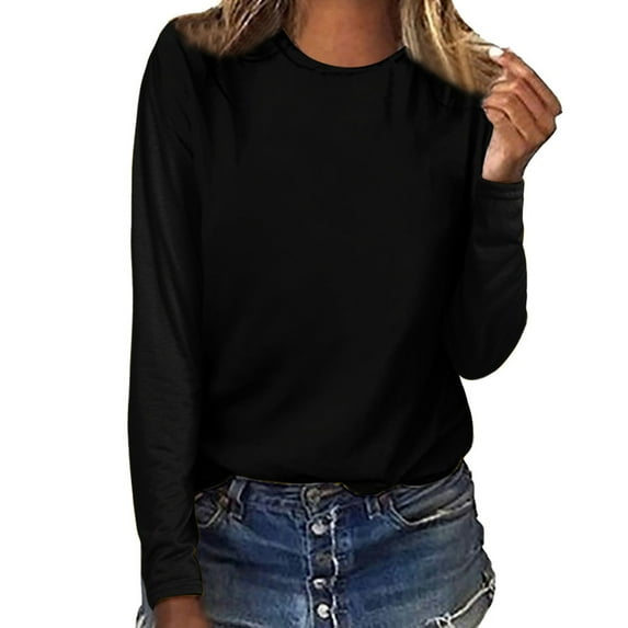 UMfun Women's Summer Fashion Tops O-Neck Solid Color Long Sleeve Casual Loose Blouse T-Shirt Tops Black