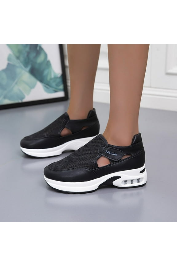 Women's Wide Shoes Casual Slip On Sneakers Fashion And Personality Hollow Daily Round Toe Platform Sneakers Mesh Shoes Sports Style Casual ShoesBlack