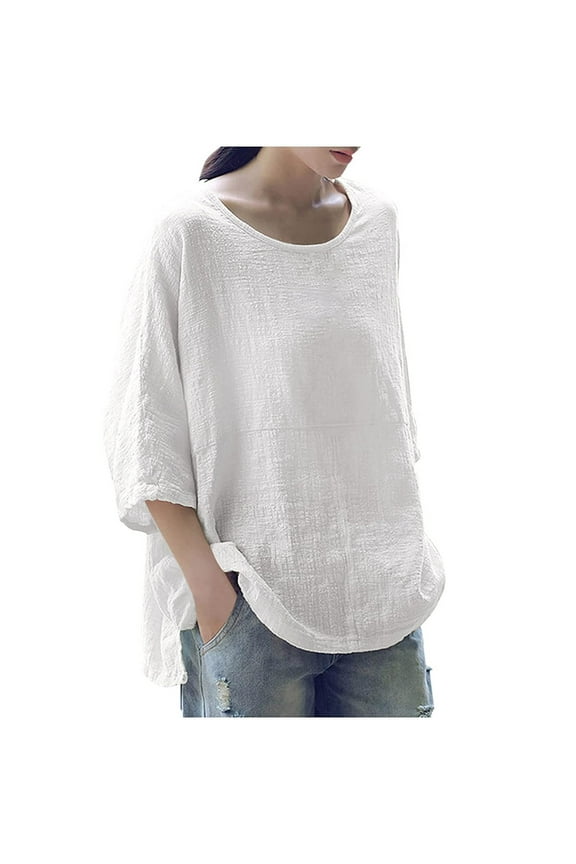 Womens Summer Plus Size O-Neck Solid Fashion Casual Loose Three Quarter Sleeve Cotton Tops Blouse T-Shirt White