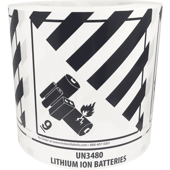 UN 3480 Hazardous Material Lithium Ion Batteries Hazard Class 9 Shipping Stickers, 4 x 4.75 Inches Wide, 500 Labels on a Roll