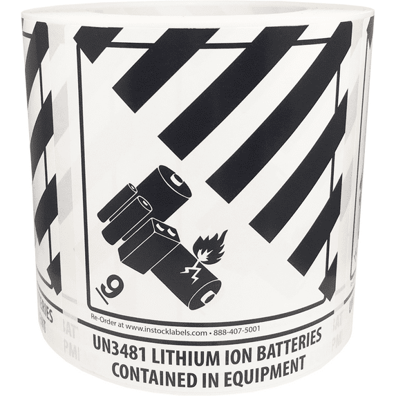 UN 3481 Hazardous Material Lithium Ion Batteries Contained in Equipment Class 9 Shipping Stickers, 4 x 4.75 Inches Wide, 500 Labels on a Roll