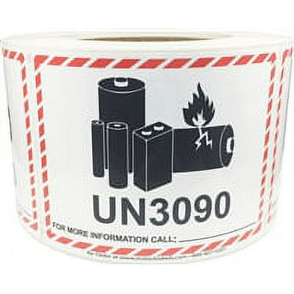 UN3090 Caution Lithium Battery Labels 3.25 x 4.25 Inch 500 Adhesive Stickers