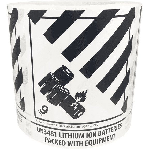 UN3481 Lithium Ion Batteries Packed with Equipment Hazard Class 9 Shipping Labels | 4 x 4.75" inches - 500 Pack