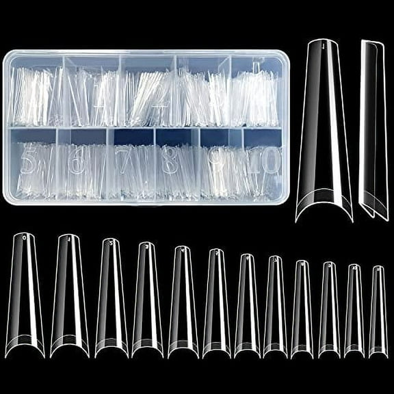 UNA GELLA Extra Long Coffin Nail Tips 500 Pcs, Half Cover French False Fake Nail Tips XXL Long Clear Acrylic Nail Tips with Case Good for Salon and DIY Using
