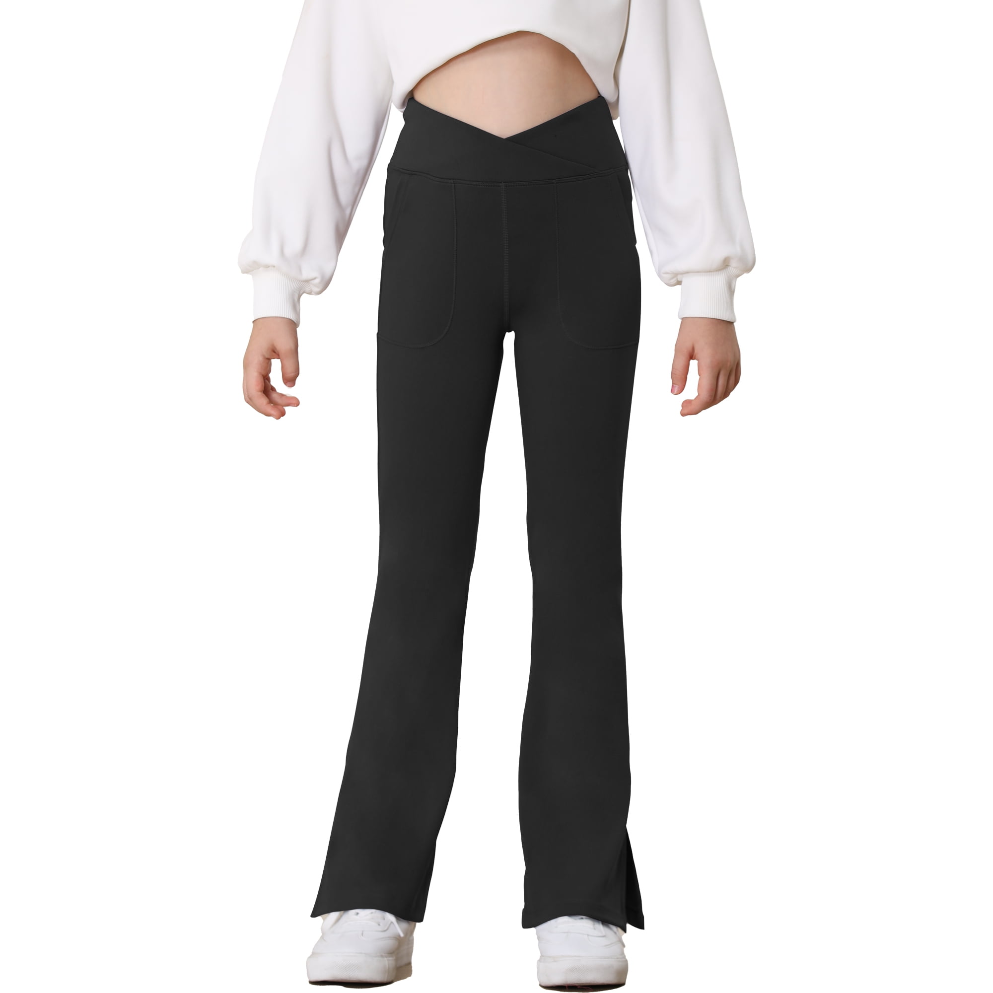 UNACOO Girls Flare Leggings Cross High Waisted Yoga Pants Kids Bell Bottom Leggings with Pockets