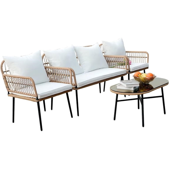 UNBRAND 4 Pieces Patio Furniture Set, Loveseat Beige Rope Woven Boho Porch Backyard Garden Balcony Outdoor Furniture Rattan Indoor Chairs and Table Wicker Conversation Set with White Cushions