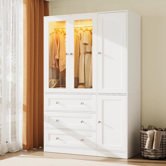 UNBRAND 75" Tall Armoire Wardrobe Closet with Drawers and LED Lights, Clothing Storage Cabinet with Glass Doors & Hanging Rod, 4 Doors Wooden Armoire Storage Cabinet for Bedroom(White)