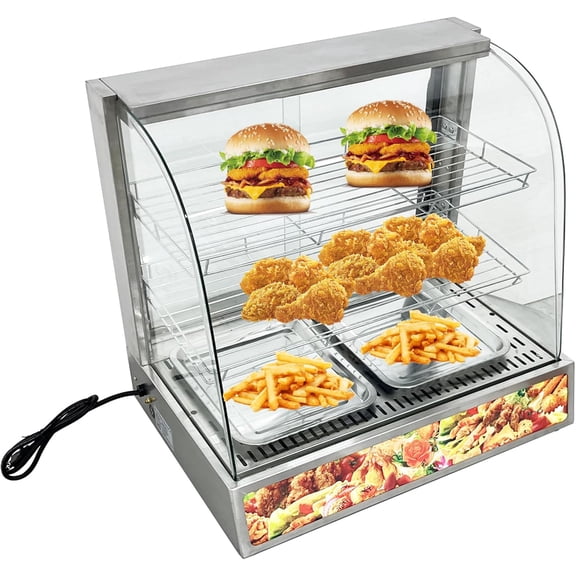 UNBRAND Commercial Countertop Food Display Case 110V Pizza Display Warmer, Electric Food Warmer Case with LED Lighting Adjustable Temperature, 3 Tiers 700W
