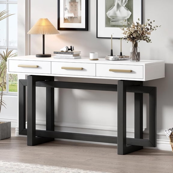 UNBRAND Contemporary Entryway Console Table 57-Inch Extra Long Minimalist Entry Sofa Table with Storage Drawers for Living Room Hallway, Gray & White