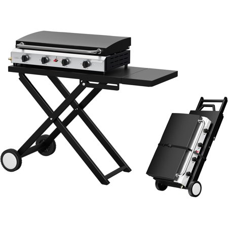 UNBRAND Foldable Flat Top Grill with 4 Burner & Lid, Powerful 40,000 BTU Propane Gas Grills with Ignition, Enamel Griddle, Side Shelf & Portable Cart with Wheels for Outdoor Camping Hibachi Grill Use
