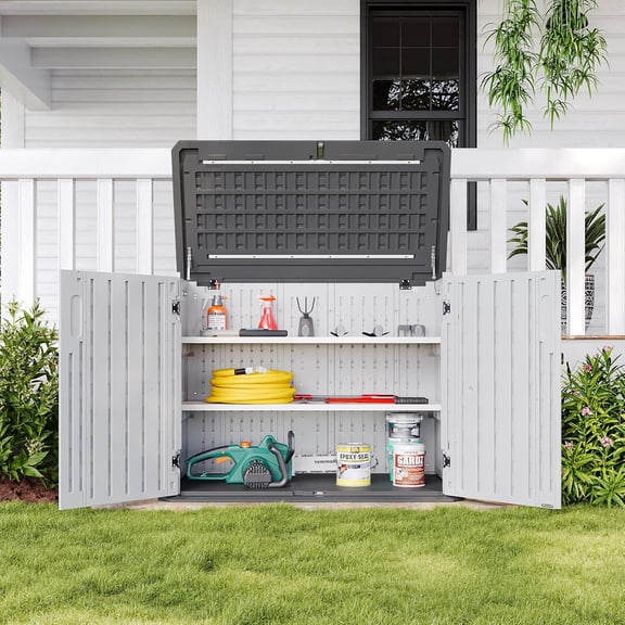 UNBRAND White Outdoor Storage Cabinet with 2 Shelves, 35 Cu.Ft Trash Can Storage Shed, Waterproof, Horizontal Storage for Garbage Bin, Generator, Lawn Mower