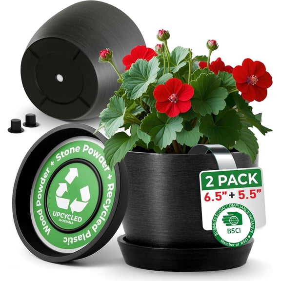 UNBREAKABLE Plant Pots Set of 2, Advanced Eco-Poly Planters with Drainage & Saucers, 6.5" + 5.5" Plastic Pots - Designer Indoor & Outdoor Dcor and a Great Gift for Plant Lovers - Marin Night Black