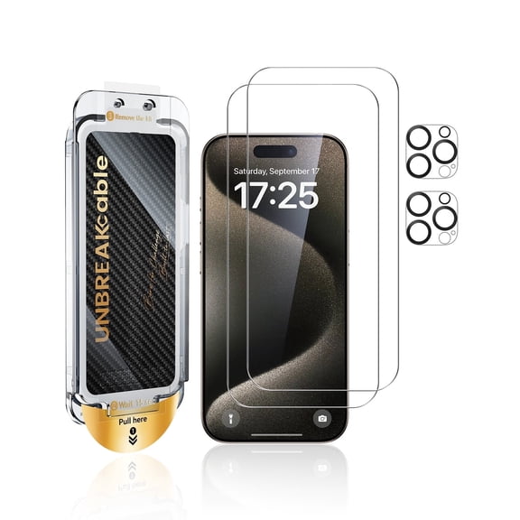 UNBREAKcable 2+2 Pack Screen Protector & Camera Lens Protector for iPhone 15 Pro Max, with Dust-Free Box, 9H Glass, Bubble-Free, Case Friendly - 6.7 Inch