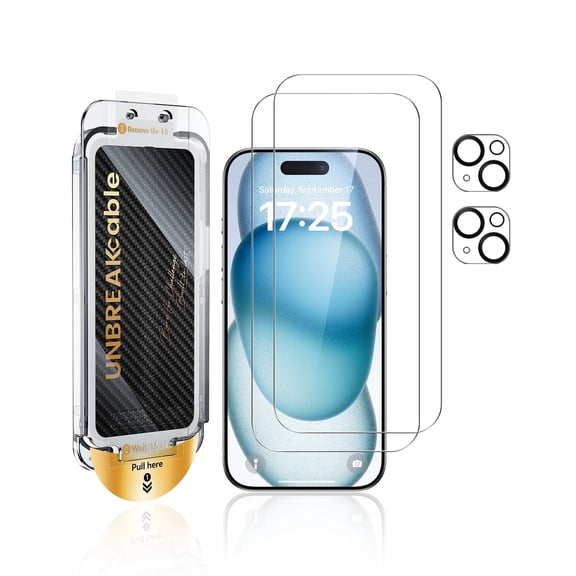 UNBREAKcable 2+2 Pack Screen Protector & Camera Lens Protector for iPhone 15, with Dust-Free Install Box, 9H Tempered Glass, Bubble-Free, Case Friendly - 6.1 inch