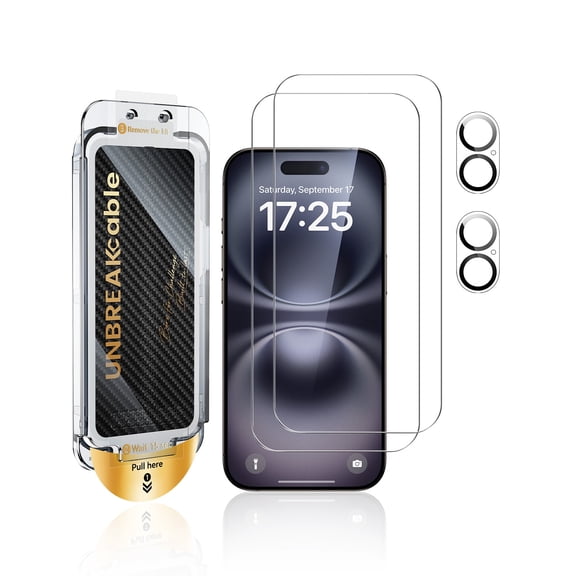 UNBREAKcable 2+2 Pack iPhone 16 Plus Screen Protector & Camera Lens Protector with Dust-Free Box, 9H Glass, Bubble-Free, Case Friendly – 6.7 Inch
