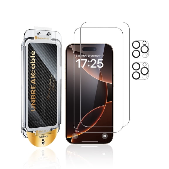 UNBREAKcable 2+2 Pack iPhone 16 Pro Max Screen Protector & Camera Lens Protector with Dust-Free Box, 9H Glass, Bubble-Free, Case Friendly – 6.9 Inch