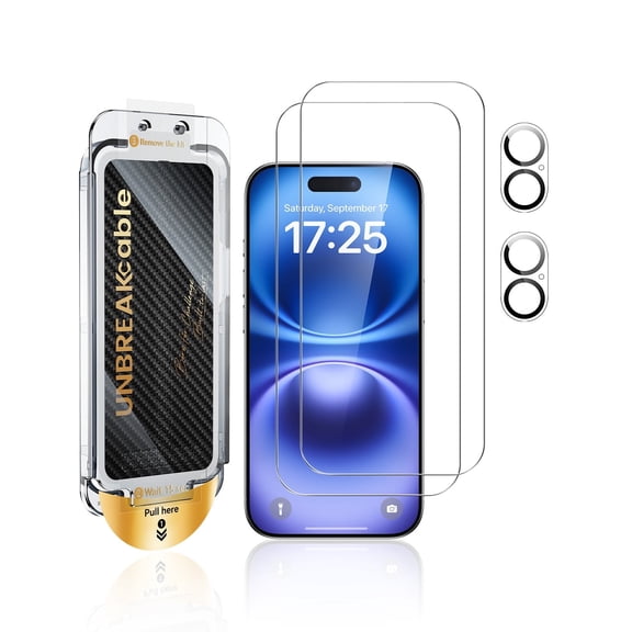 UNBREAKcable 2+2 Pack iPhone 16 Screen Protector & Camera Lens Protector with Dust-Free Box, 9H Glass, Bubble-Free, Case Friendly – 6.1 Inch