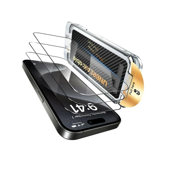 UNBREAKcable 3 Pack iPhone 15 Pro Max Screen Protector with Dust-Free Box, Full-Coverage Silk-Printed Tempered Glass, Bubble-Free, Case Friendly - 6.7 inch