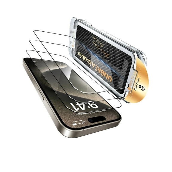 UNBREAKcable 3 Pack iPhone 15 Pro Screen Protector with Dust-Free Box, Full-Coverage Silk-Printed Tempered Glass, 9H, Bubble-Free, Case Friendly - 6.1 inch