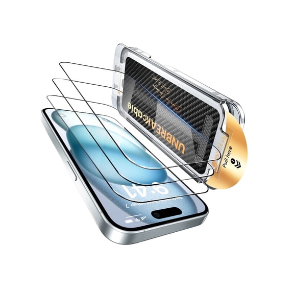 UNBREAKcable 3 Pack Screen Protector for iPhone 15, Dust-Free Box, Full-Coverage Silk-Printed Tempered Glass, Bubble-Free, Case Friendly - 6.1 inch
