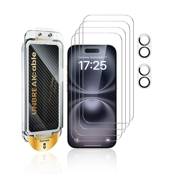 UNBREAKcable 4+2 Pack iPhone 16 Plus Screen Protector & Camera Lens Protector, Dust-Free Box with Brush, 9H Glass, Bubble-Free, Case Friendly - 6.7 Inch