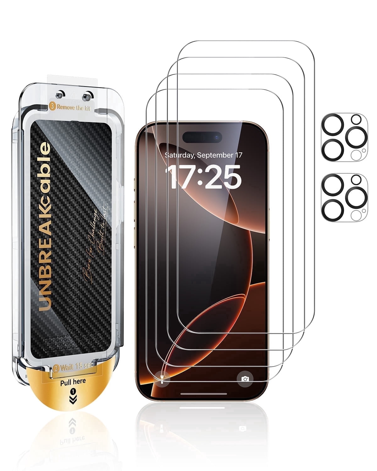 UNBREAKcable 4Pcs Screen Protector for iPhone 16 Pro Max & 2Pcs Camera Protector, Dust & Bubble Free Install Box with Brush