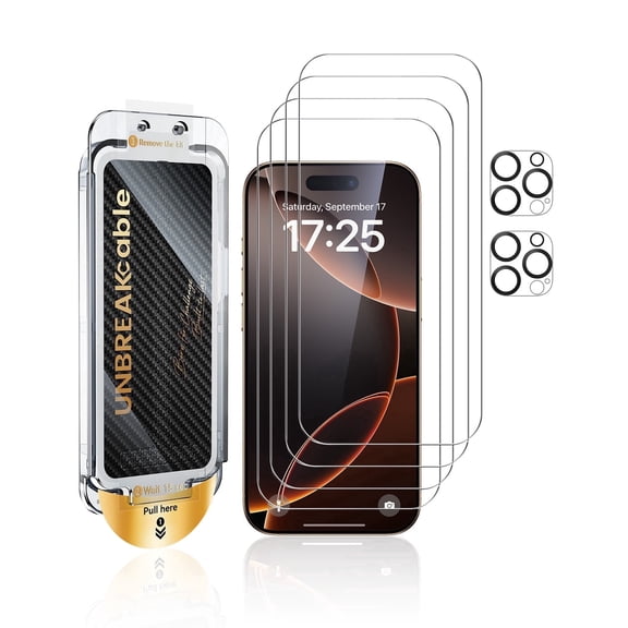 UNBREAKcable 4Pcs Screen Protector for iPhone 16 Pro Max & 2Pcs Camera Protector, Dust & Bubble Free Install Box with Brush