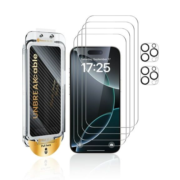 UNBREAKcable 4+2 Pack iPhone 16 Pro Screen Protector & Camera Lens Protector, Dust-Free Box with Brush, 9H Glass, Bubble-Free, Case Friendly - 6.3 inch