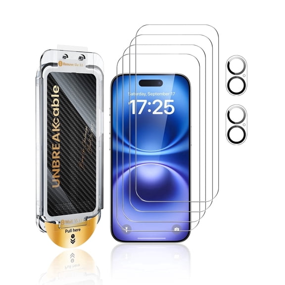 UNBREAKcable 4Pcs Screen Protector for iPhone 16 & 2Pcs Camera Protector, Dust & Bubble Free Install Box with Brush