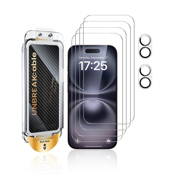 UNBREAKcable 4Pcs Screen Protector for iPhone 16 Plus & 2Pcs Camera Protector, Dust & Bubble Free Install Box with Brush