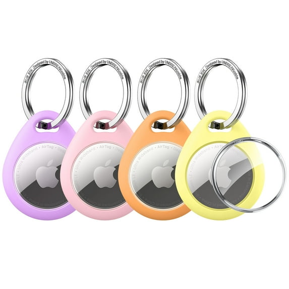 UNBREAKcable Holder for Apple AirTag with 304 Stainless Steel Keychain Key Ring - 4 Pack [Fit Tightly Design] [Easy to Install] [Hold Air Tag Securely] Waterproof TPU Shell Protective Case, 4 Color