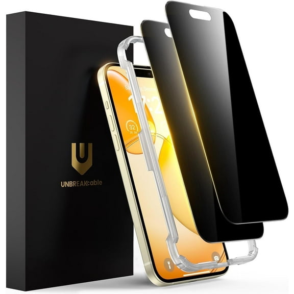 UNBREAKcable Privacy Screen Protector for iPhone 15, Shatterproof Tempered Glass, Anti Spy, Easy Install, 2 Pack