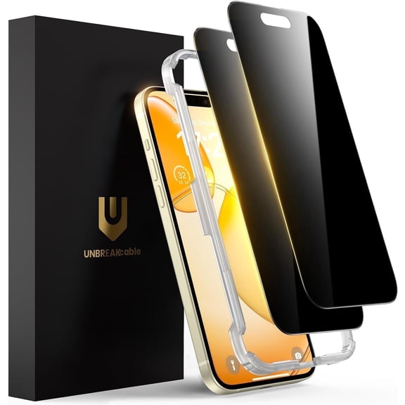 UNBREAKcable Privacy Screen Protector for iPhone 15, 2 Pack True 28°Anti Spy Full Coverage Shatterproof Tempered Glass