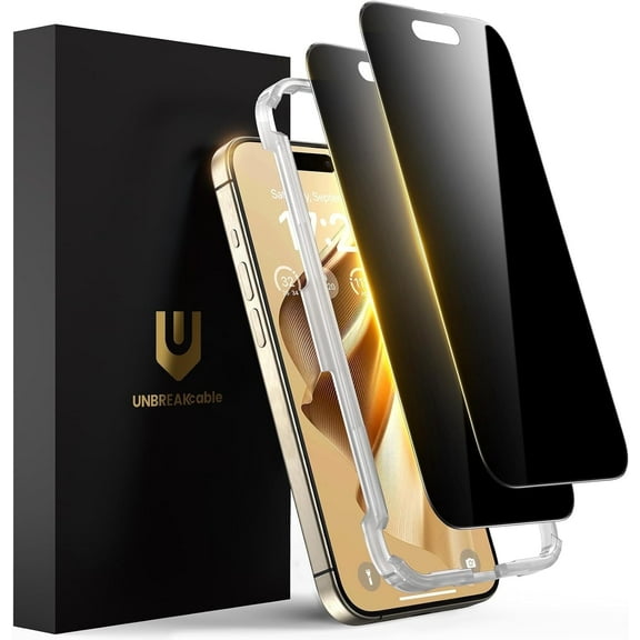 UNBREAKcable Privacy Screen Protector for iPhone 15 Pro Max, Full Coverage Tempered Glass, 9H Hardness, 2 Pack