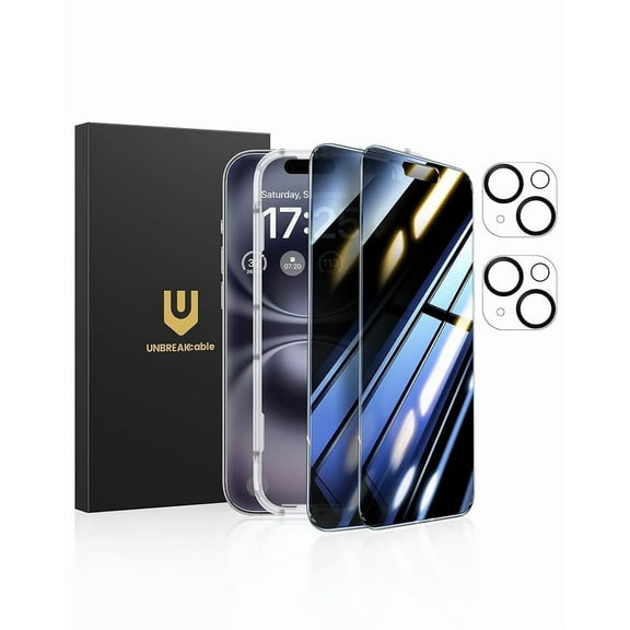 UNBREAKcable Privacy Screen Protector for iPhone 16 (6.1-Inch), 2-Pack + 2 Lens Protectors|25° Anti-Spy|9H Hardness|Anti-Fingerprint|HD Clarity Tempered Glass
