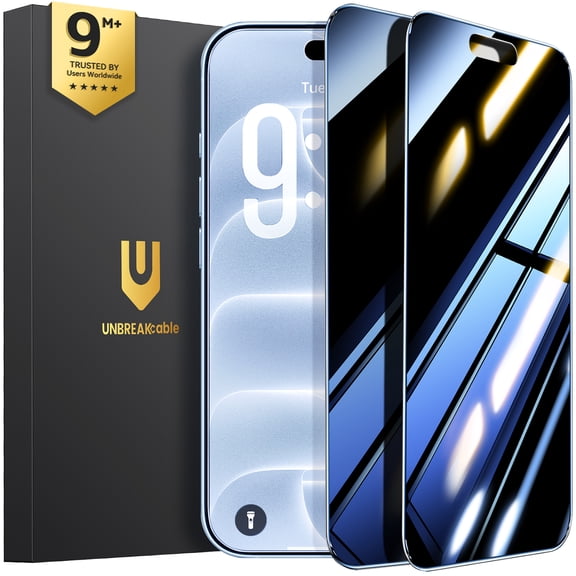 UNBREAKcable Privacy Screen Protector for iPhone 18 Pro 2 Pack, 9H Shatterproof Tempered Glass, 28°Anti Spy, Easy Installation Frame, Case Friendly