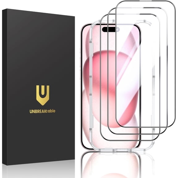 UNBREAKcable Shatterproof Tempered Glass Screen Protector for iPhone 15 [3-Pack] [1:1 Full Coverage] [99.99% HD Clear] [Easy Installation Frame] [9H Hardness] for Apple 6.1”
