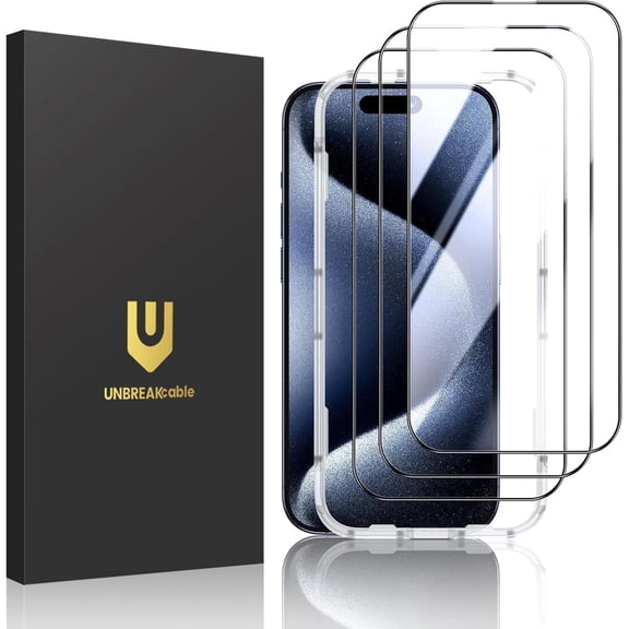 UNBREAKcable Screen Protector for iPhone 15 Pro Max 3 Pack Shatterproof Tempered Glass Film