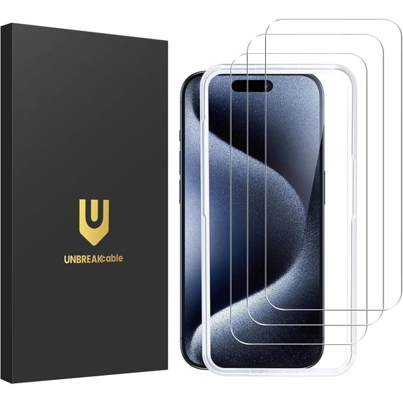 UNBREAKcable Tempered Glass Screen Protector for iPhone 15 Pro Max [3-Pack] [99.99% HD Clear] [9H Hardness]