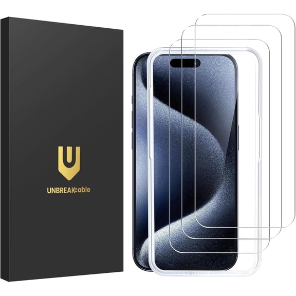 UNBREAKcable for iPhone 15 Pro Max Screen Protector 3 Pack, 9H Hardness Tempered Glass 99.99% HD Clear Screen Protector, Easy Installation