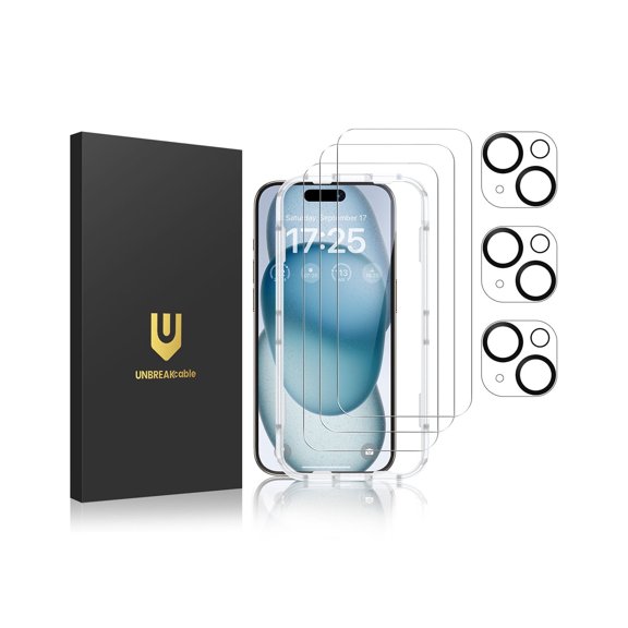 UNBREAKcable iPhone 15 Screen Protector 3-Pack, 3 Tempered Glass + 3 Camera Lens Protectors, 9H Hardness, HD Clarity, Anti-Fingerprint, Case Friendly, 6.1 Inch