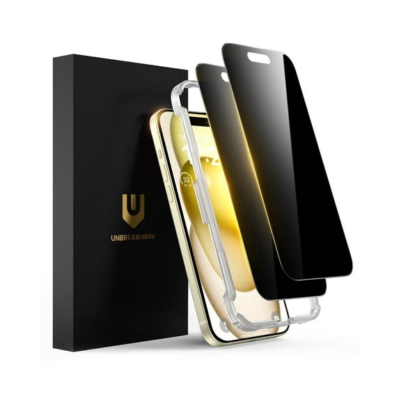 UNBREAKcable iPhone 15 Screen Protector Privacy 2 Pack, iPhone 15 Privacy Screen Protector, 9H Tempered Glass, HD Clarity, Scratch Resistant, Easy Install, Case Friendly, Bubble-Free