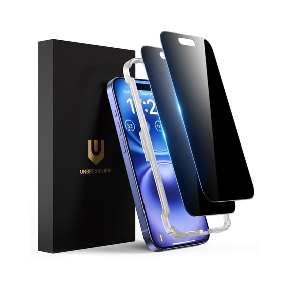 UNBREAKcable 2 Pack Privacy Screen Protector for iPhone 16, Black Shatterproof Tempered Glass True 28°Anti Spy Screen Protector