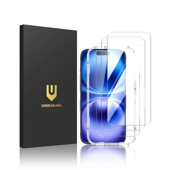 UNBREAKcable Screen Protector for iPhone 16, 3 Pack Anti-Fingerprint 9H Tempered Glass Screen Protector, Easy Installation Frame, Case Friendly